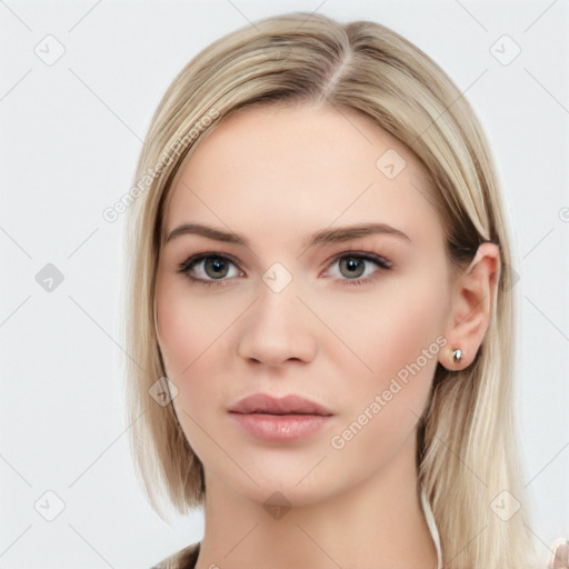 Neutral white young-adult female with long  brown hair and blue eyes