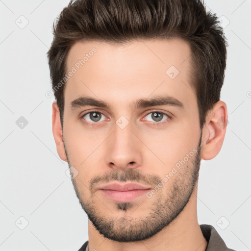 Neutral white young-adult male with short  brown hair and brown eyes