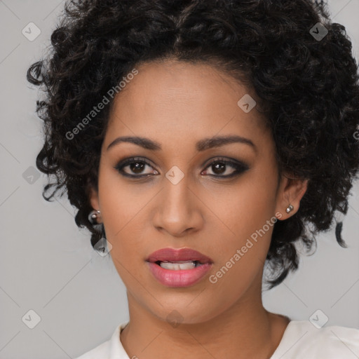 Joyful latino young-adult female with medium  black hair and brown eyes