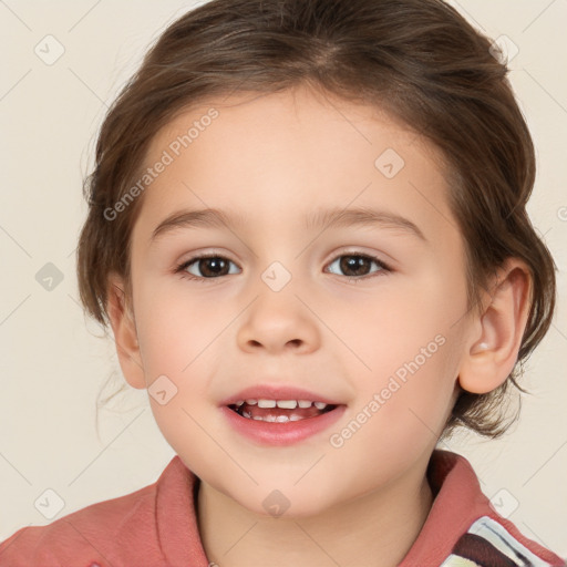 Joyful white child female with medium  brown hair and brown eyes