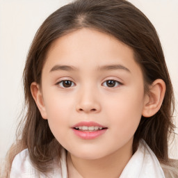 Joyful white child female with long  brown hair and brown eyes