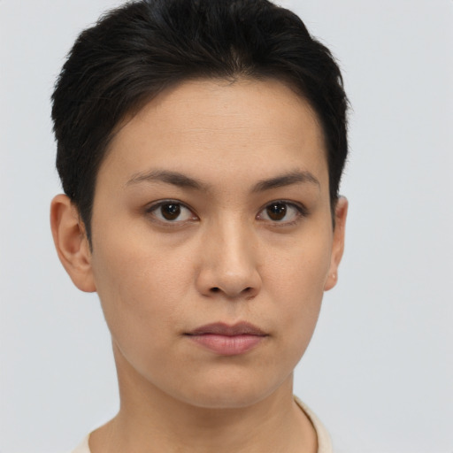 Neutral asian young-adult female with short  brown hair and brown eyes