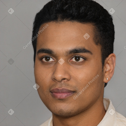 Joyful black young-adult male with short  black hair and brown eyes