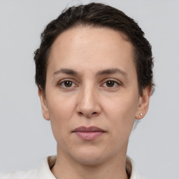 Neutral white adult female with short  brown hair and brown eyes