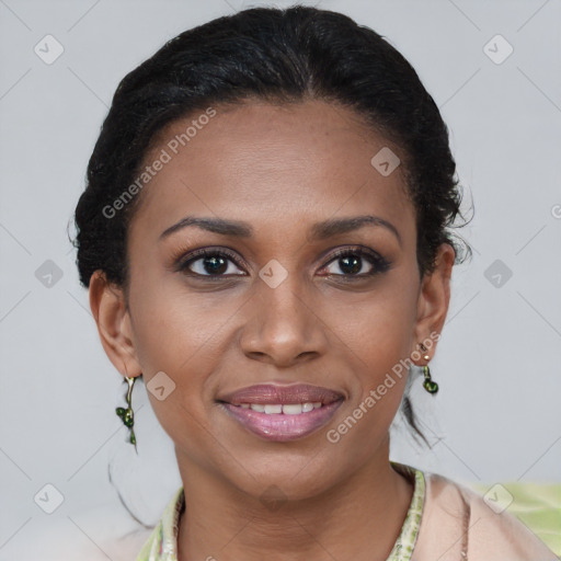 Joyful latino young-adult female with short  brown hair and brown eyes