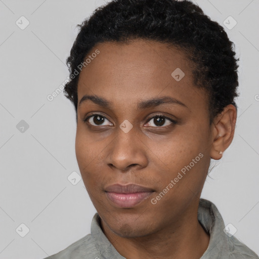 Neutral black young-adult female with short  brown hair and brown eyes