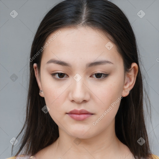 Neutral white young-adult female with medium  brown hair and brown eyes