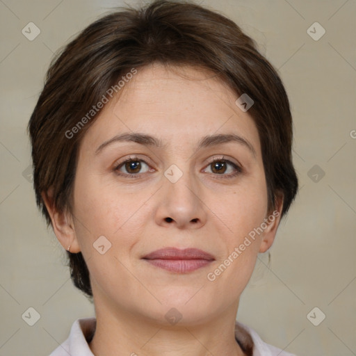 Joyful white adult female with medium  brown hair and brown eyes