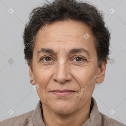 Joyful white middle-aged male with short  brown hair and brown eyes