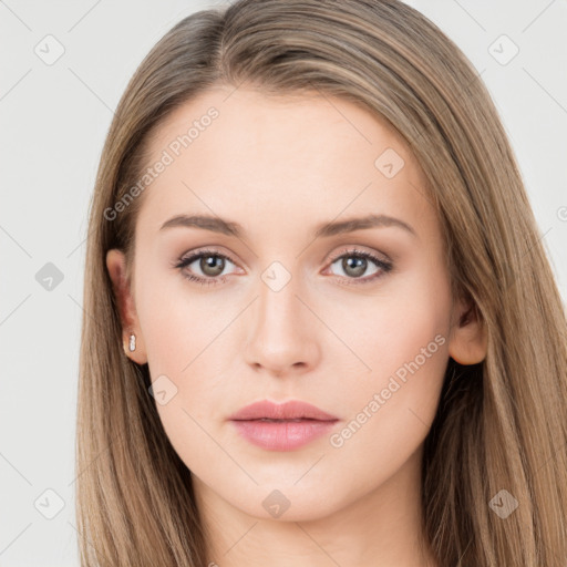 Neutral white young-adult female with long  brown hair and brown eyes