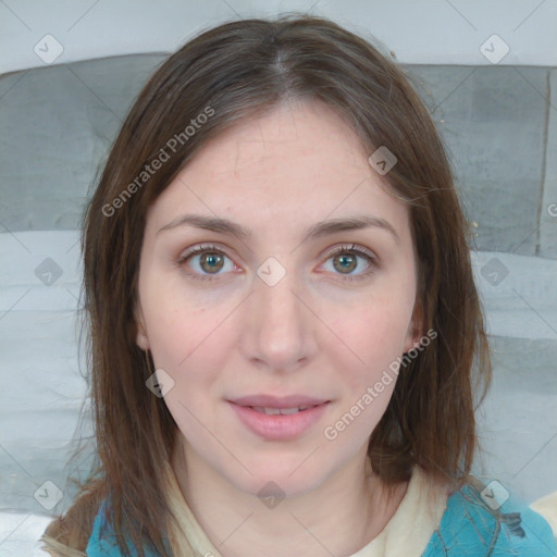 Joyful white young-adult female with medium  brown hair and blue eyes