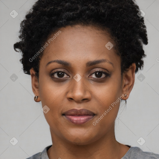 Joyful latino young-adult female with short  black hair and brown eyes