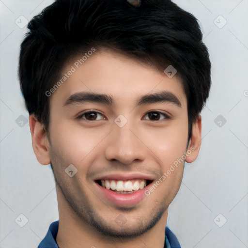 Joyful white young-adult male with short  black hair and brown eyes