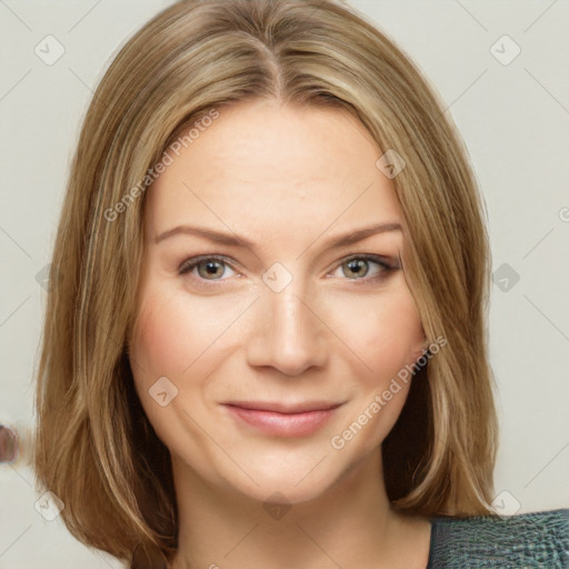 Joyful white young-adult female with medium  brown hair and green eyes