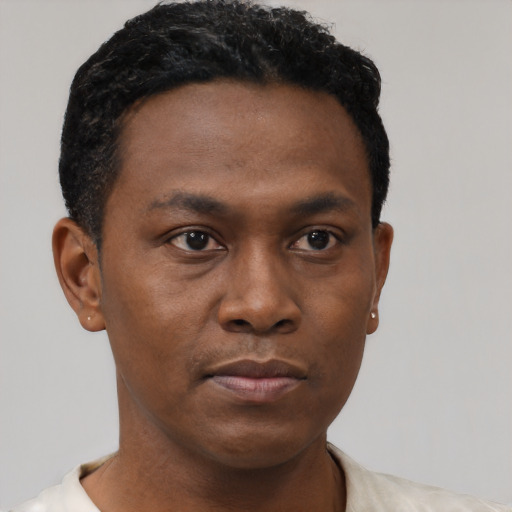 Neutral black young-adult male with short  black hair and brown eyes