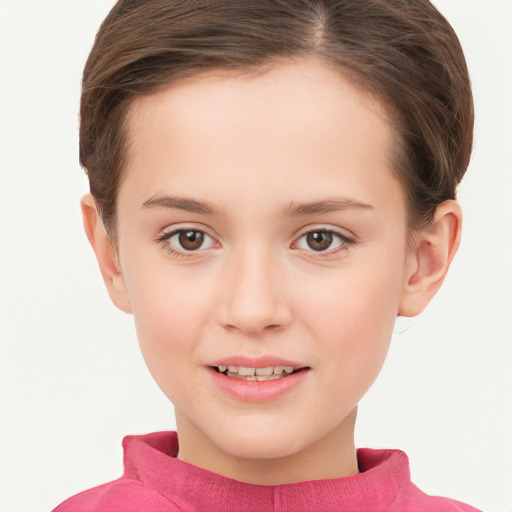 Joyful white child female with short  brown hair and brown eyes