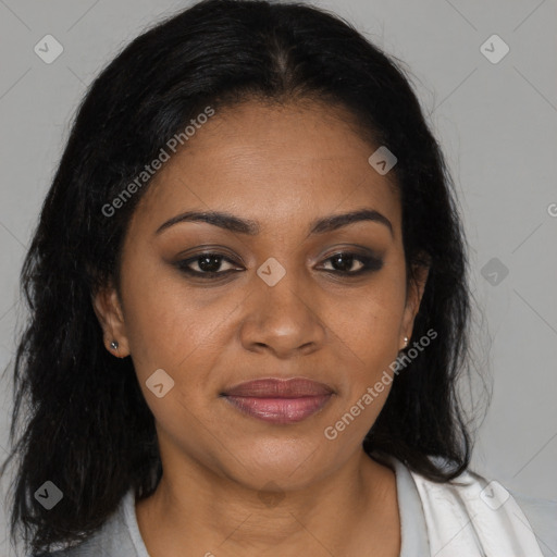 Joyful latino young-adult female with medium  brown hair and brown eyes