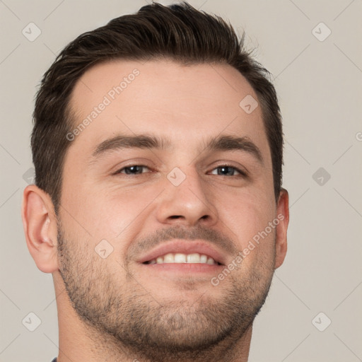 Neutral white young-adult male with short  brown hair and brown eyes