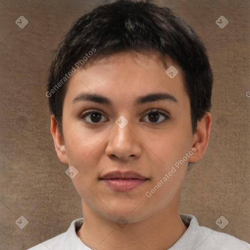 Neutral white young-adult female with short  brown hair and brown eyes