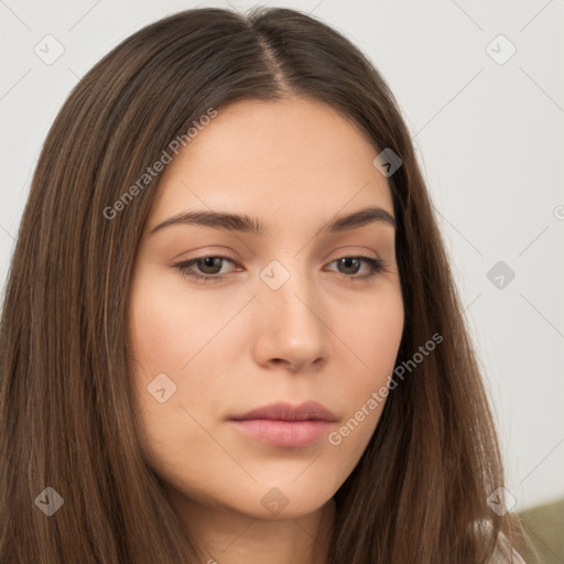 Neutral white young-adult female with long  brown hair and brown eyes