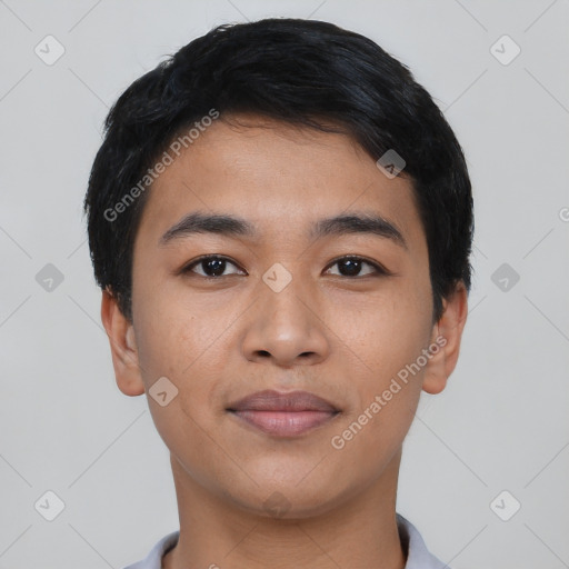 Neutral asian young-adult male with short  black hair and brown eyes