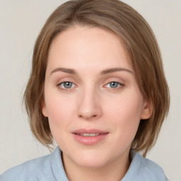 Neutral white young-adult female with medium  brown hair and blue eyes