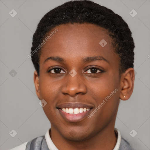 Joyful latino young-adult female with short  black hair and brown eyes