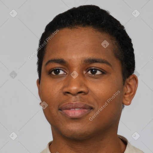 Neutral black young-adult male with short  black hair and brown eyes