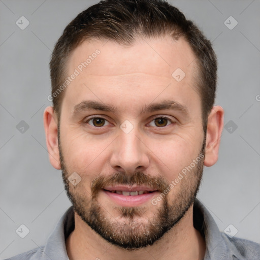 Joyful white young-adult male with short  brown hair and brown eyes