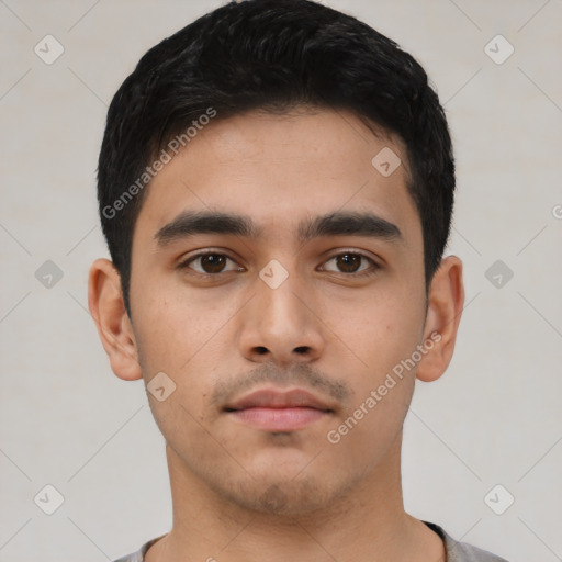 Neutral asian young-adult male with short  black hair and brown eyes