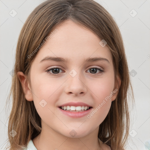 Joyful white child female with medium  brown hair and grey eyes