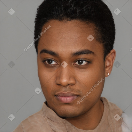 Neutral black young-adult male with short  black hair and brown eyes