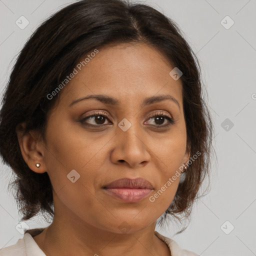 Joyful black adult female with medium  brown hair and brown eyes