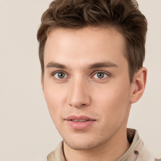 Neutral white young-adult male with short  brown hair and grey eyes