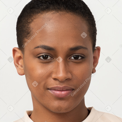 Joyful black young-adult female with short  brown hair and brown eyes