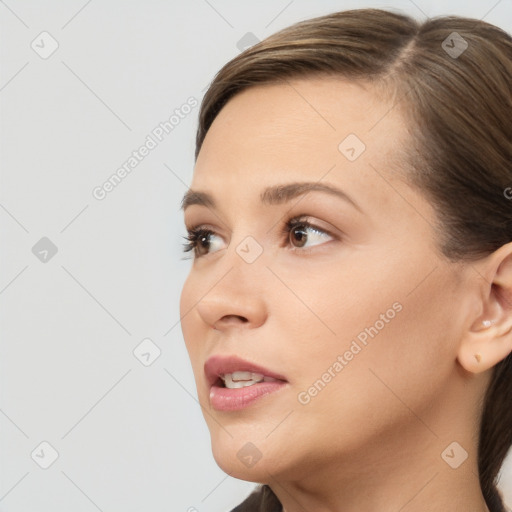 Neutral white young-adult female with short  brown hair and brown eyes