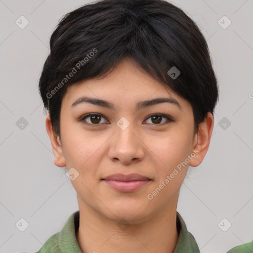 Joyful asian young-adult female with short  brown hair and brown eyes