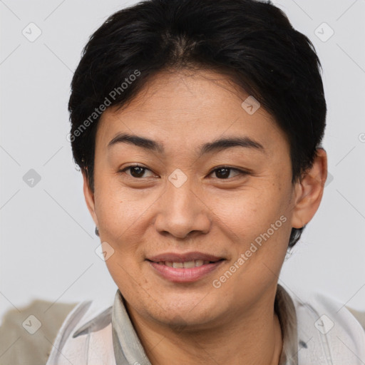 Joyful asian young-adult female with short  brown hair and brown eyes