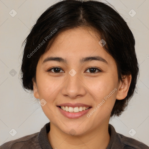 Joyful white young-adult female with medium  brown hair and brown eyes