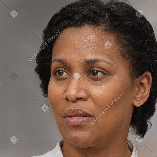 Joyful black adult female with short  brown hair and brown eyes