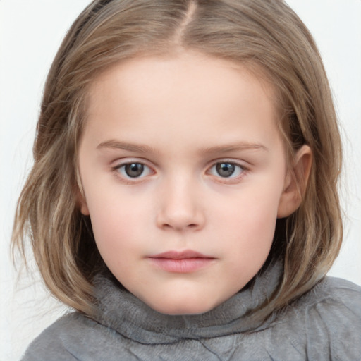 Neutral white child female with medium  brown hair and blue eyes