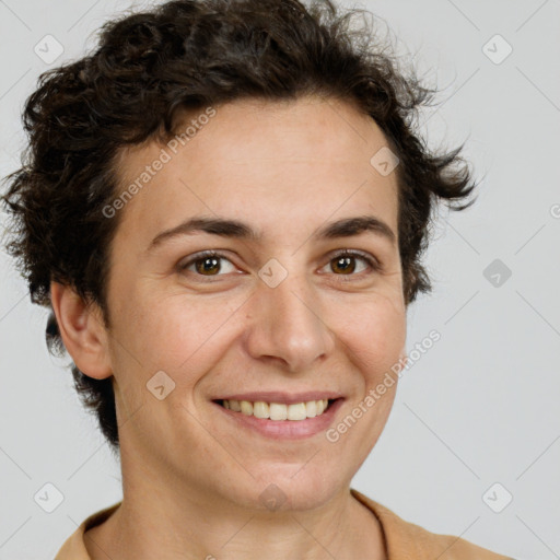 Joyful white adult female with short  brown hair and brown eyes