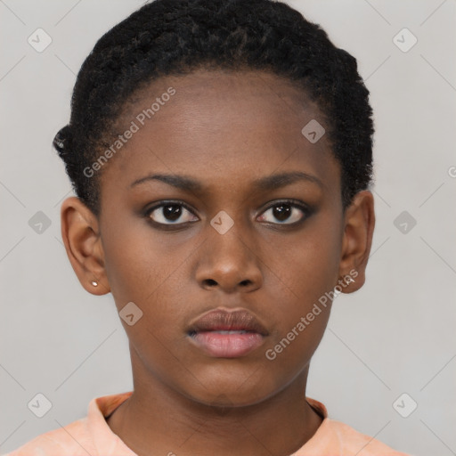 Neutral black young-adult female with short  brown hair and brown eyes