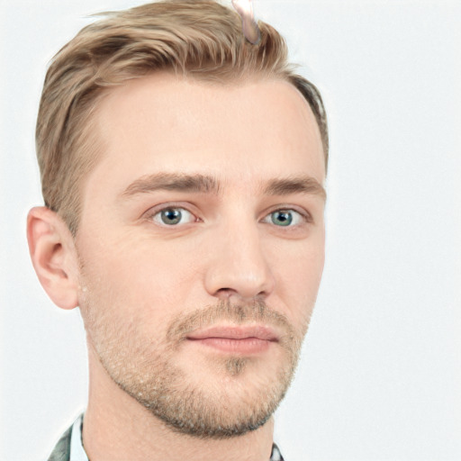Neutral white young-adult male with short  brown hair and grey eyes