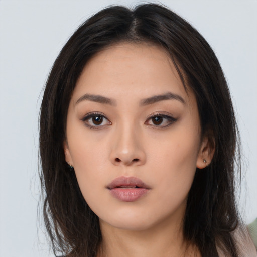 Neutral asian young-adult female with long  black hair and brown eyes