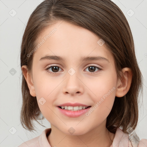 Joyful white child female with medium  brown hair and brown eyes