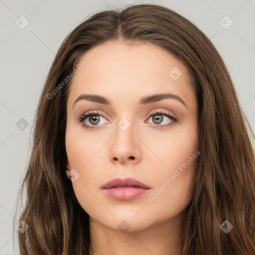 Neutral white young-adult female with long  brown hair and brown eyes