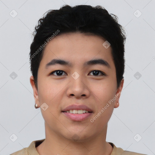 Joyful asian young-adult male with short  brown hair and brown eyes