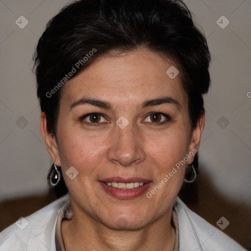 Joyful white adult female with short  brown hair and brown eyes