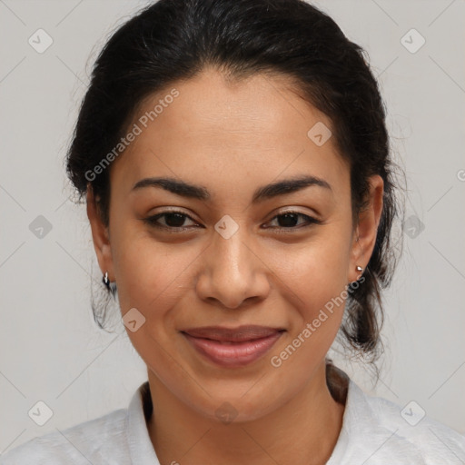 Joyful latino young-adult female with medium  brown hair and brown eyes